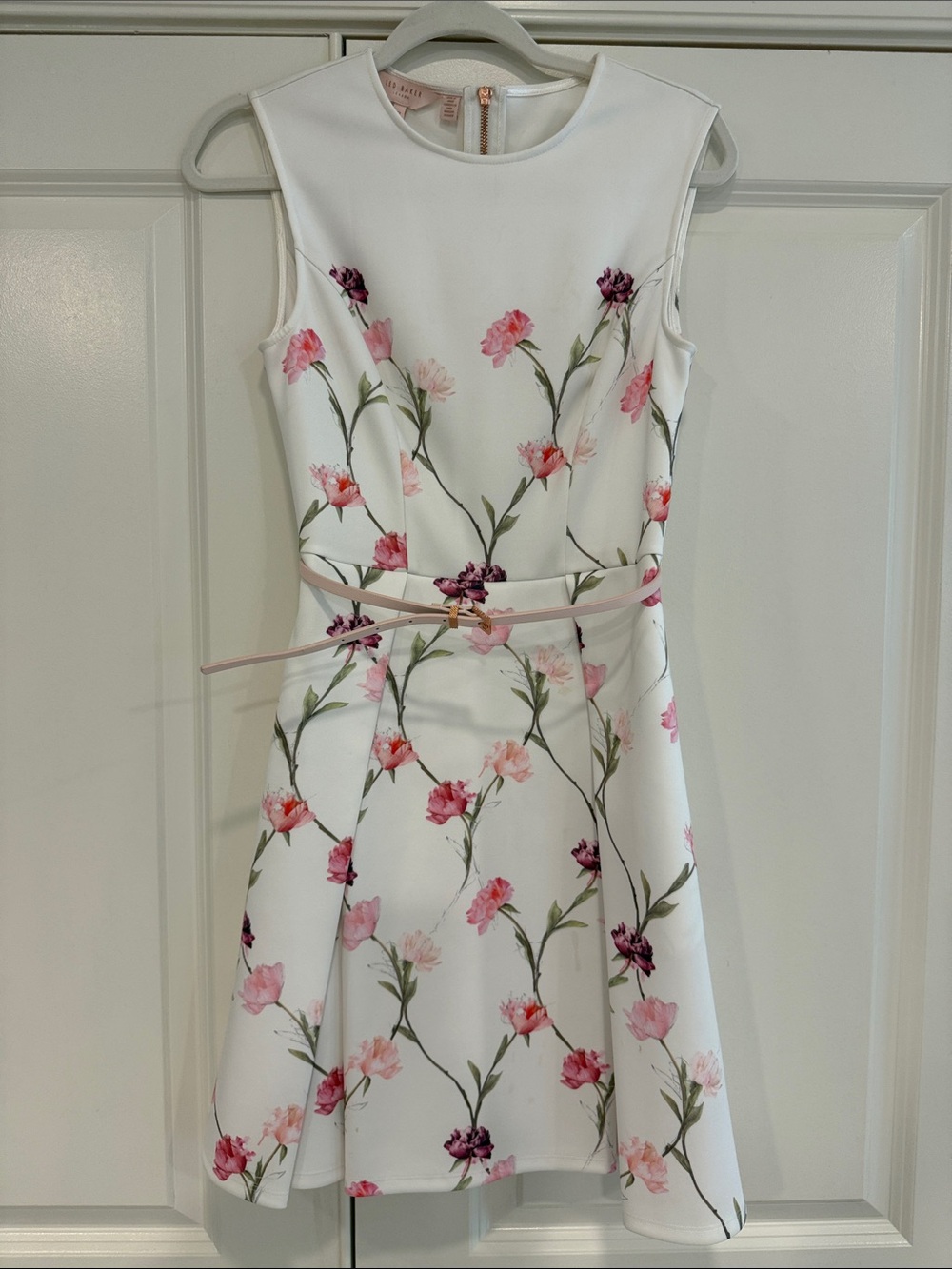 Ted Baker White Sleeveless Floral Fit-and-Flare Dress with Pink Accents